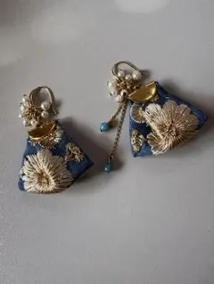 インド刺繍リボン　ピアス　ゴールド　ターコイズ　17