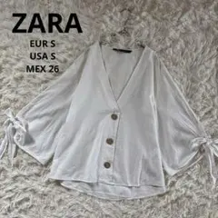 ザラ　ZARA シャツブラウス　Ｖネック　コットンリネン混　リボン袖　白　S