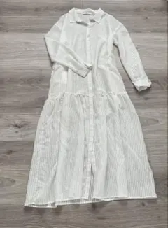 美品 ストライプ 長袖 シャツワンピース 羽織　シアー　白　マキシ
