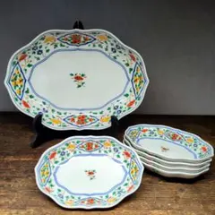 たち吉　花数寄　唐彩　色絵小花　変形楕円　取り分け皿揃（大皿1・取り分け皿5）