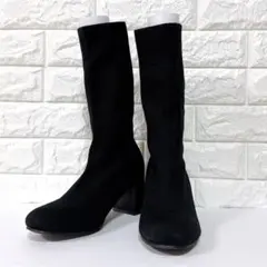 ニットソックスブーツ L ブラック ストレッチ チャンキーヒール