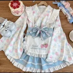 (新品)人気ロリータ 和風 　メイド服 ゆめかわ コスプレ いちご柄 ５点セット