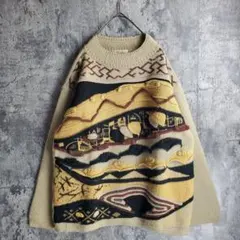 【ヴィンテージ】古着 3D ニットセーター 総柄 黒 カーキ ベージュ レトロ