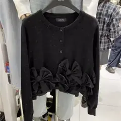 リボンモチーフカーディガン　ヘムリボンデザインショートカーデ