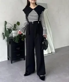 フロントパールハイウエストサス付きパンツ