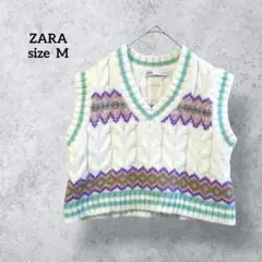 ザラ ケーブルニットベスト オフホワイト フェアアイル柄 総柄 H0820