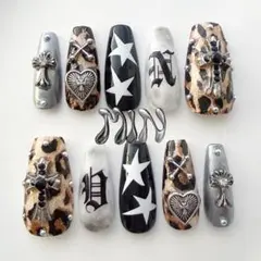 ヒョウ柄 ギャル y2k シルバー 十字架 量産型 痛ネイル ネイルチップ