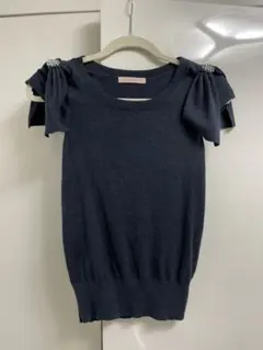 【美品】イマージュimage 夏用半袖S グレー肩ビジュー付りぼんニット