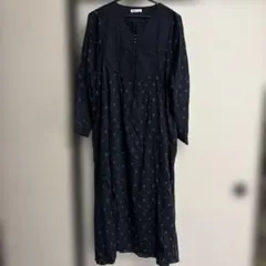インド綿混キルト切替花柄ワンピース ネイビー 長袖ワンピース　新品未使用