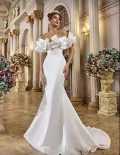 ホワイト マーメイドドレス オフショルダー 前撮り 二次会 ウェディングドレス