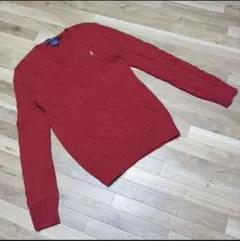 H*H様 ラルフローレン　Ｖネックニット　ケーブル　コットン　レッド　金ポニー刺