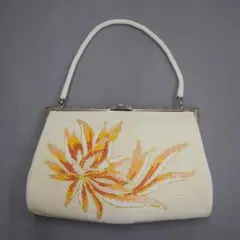 M10-8 昭和レトロ 総ビーズ バッグ アイボリー 花柄 セミアンティーク