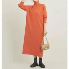 オレンジ ニットワンピース ロング丈