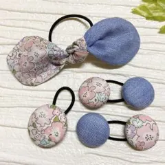 お買い得♡お揃い　シュシュ付　ドット柄うさみみリボン　くるみボタン 3個セット お買い得♡お揃い シュシュ付 ドット柄うさみみリボン くるみボタン 3