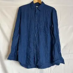 美品　ユニクロ　プレミアムリネン長袖シャツ　麻100%ネイビー　Mサイズ