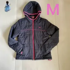 Puma キルティングジャケット 黒 ピンクアクセント フード付き