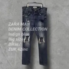 EUR 42inc ザラ マン ダメージ　デニム　インディゴ　大きいサイズ