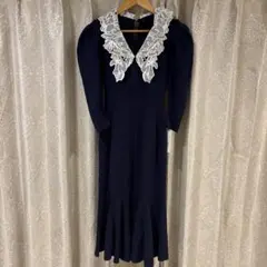 レース襟ネイビー フレアワンピース Fサイズ