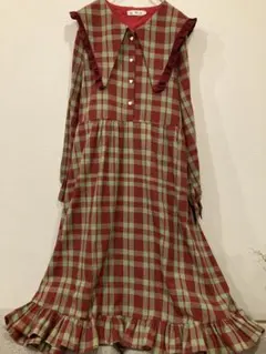 フリル襟　長袖ワンピース　シャツワンピ　ビッグカラー　チェック　大きいサイズ4L