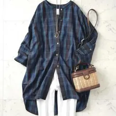 美品＊ビアズリー リネンスキッパーワンピース F ネイビー紺 麻100