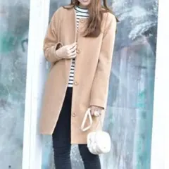 ノーカラーコート キャメル M 襟なし