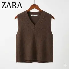 ZARA ザラ Vネック リブニットベスト ブラウン ジレ 重ね着 レイヤード