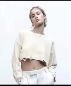 ZARA クロップド ダメージニット セーター　M