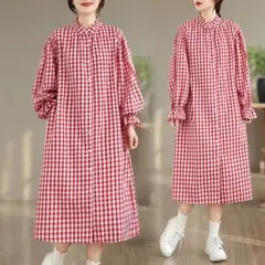 清新 チェック ロング シャツワンピース パフスリーブ 可愛い 着痩せ効果