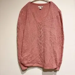希少✨️SONOMA【L】ピンク Vネック ニットセーター 長袖 ケーブル編み