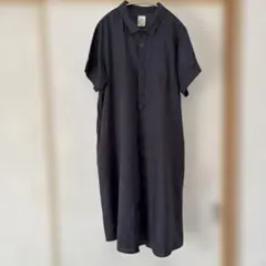 エコロコ　シャツワンピース 半袖 レディース リネン100％　ネイビー　Ⅿサイズ