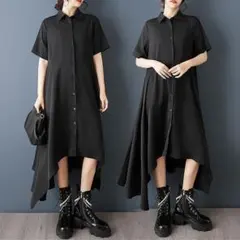 【新品】大きいサイズ春夏半袖アシメ　ワンピース　黒　ゆったりn4