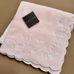 CELINE セリーヌ　マカダム 刺繍 タオルハンカチ　綿　ピンク　上品