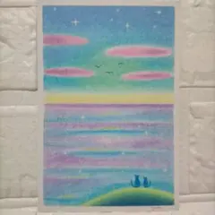 海の朝日と親子猫 風景画 オイルパステル画 原画 ハガキサイズ 絵画