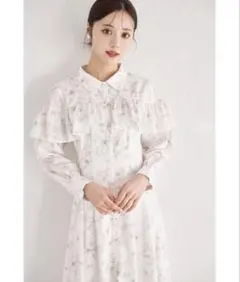 パール釦バックレースアップフリルヨークフラワープリントシャツワンピース ホワイト