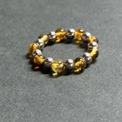 BR1021 天然石 ビーズリング バルティックアンバー ステンレスビーズ