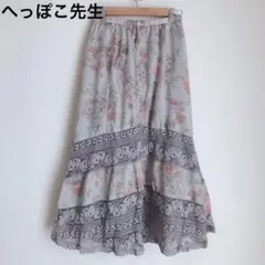 へっぽこ先生　ロングスカート　フレアスカート　花柄　レトロ　綿混　日本製　グレー