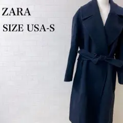 ザラ　ベルト付きロングコート　ZARA ネイビー ロングコート エレガント