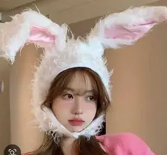 ウサギ耳付きフェイクファー帽子
