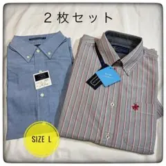 未使用 半袖シャツ 2枚セット メンズ Lサイズ ボタンダウン ストライプ 無地