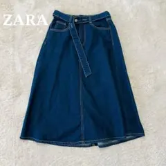 ザラ デニムスカート ミモレ丈 インディゴ スカート 共布ベルト付き Aライン
