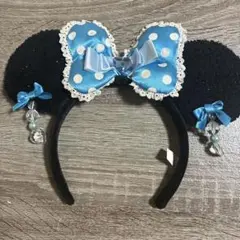 ミニーマウス風カチューシャ 黒と水色の水玉