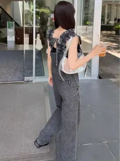 GRL ショルダーフリルバックリボンデニムオールインワン ［dh1285］