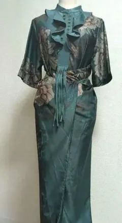 タグ付き新品 花柄ロングワンピース 青緑色 チャイナドレス風味