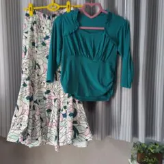 社交ダンスターコイズ セットアップ（トップス２枚付き）