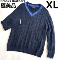 極美品 ブルックスブラザーズ ケーブルニット Ｖネック ネイビー XL 綿