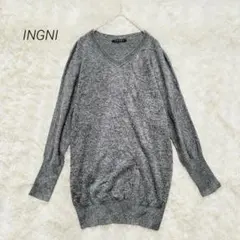 イング ニット チュニック 長袖 Vネック 無地 体型カバー グレー M