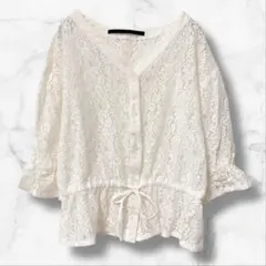 【アーバンリサーチ】半袖ブラウスジャケット Vネック(O)コットン混 花柄レース