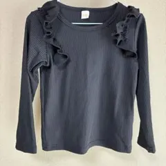 130 ブラック リブカットソー フリル 長袖 トップス 女の子