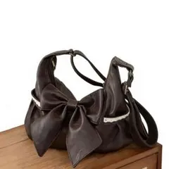 リボン付きダークブラウンハンドバッグ
