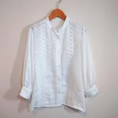 レース装飾 ホワイト 七分袖シャツ